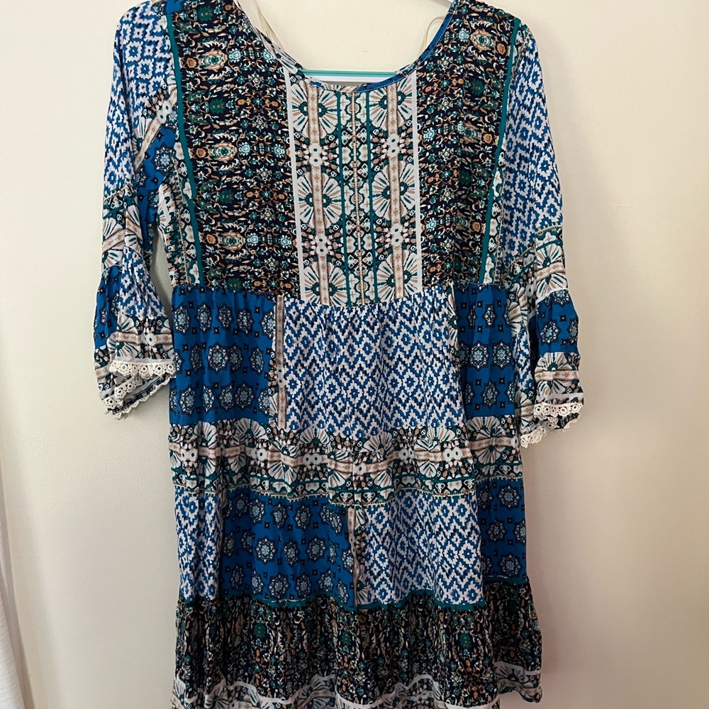 Umgee Blue and White Patterned Dress